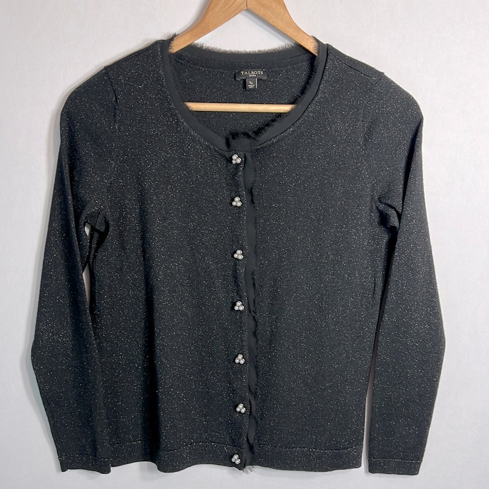 Talbots Black Wool blend with Silver Pearl Snap Buttons Cardigan size SP